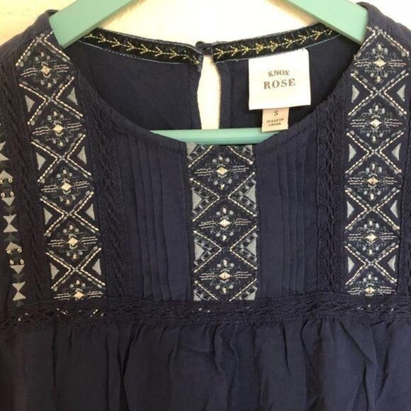 Knox Rose Navy Blue Embroidered Long Sleeve Blouse Size S boho fall winter - Picture 3 of 7
